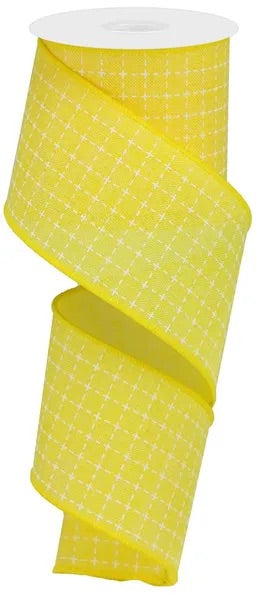 2.5"X10YDS RAISED STITCHED SQUARES/ROYAL YELLOW/WHITE WIRED RIBBON - Burlap and Bling Decor