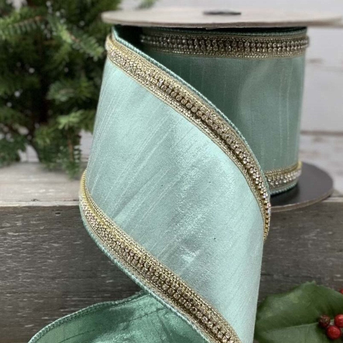 4” x 5yds faux metallic dupion crystal side trim, celadon - Burlap and Bling Decor