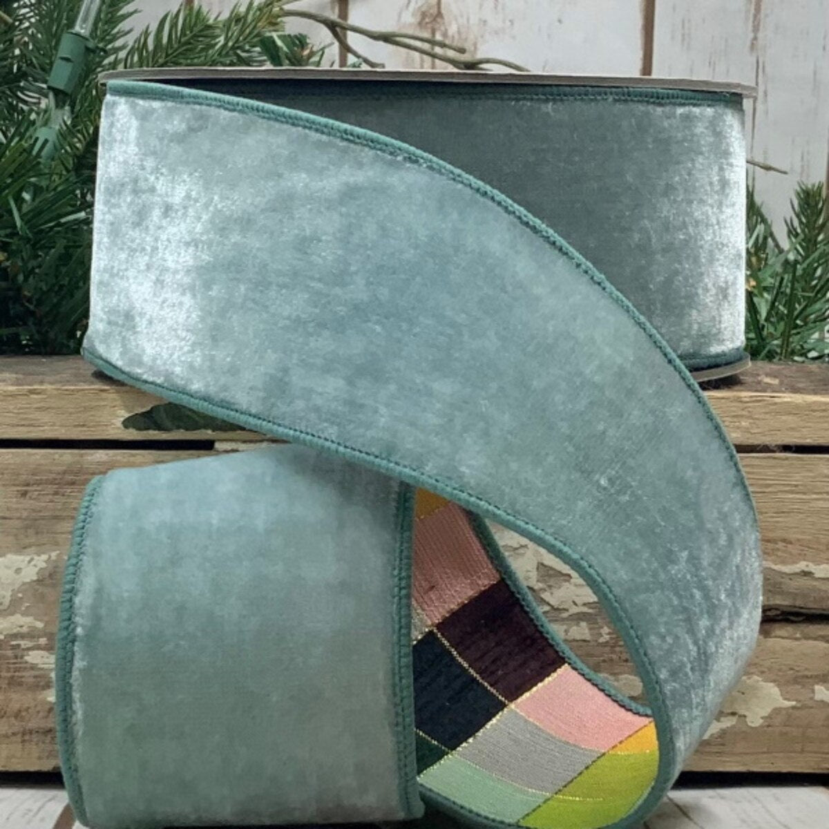 2.5” x 10yds velvet colorful check back, moody
blue - Burlap and Bling Decor