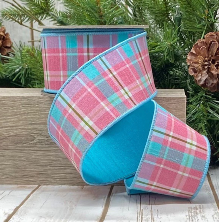 2.5“ x 10yds dupion fused plaid, pink-aqua