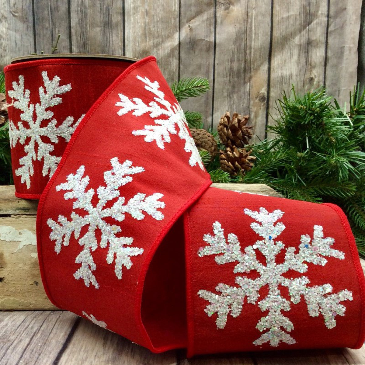 4" x 5yds dupion matte white glitter snowflake, red - Burlap and Bling Decor