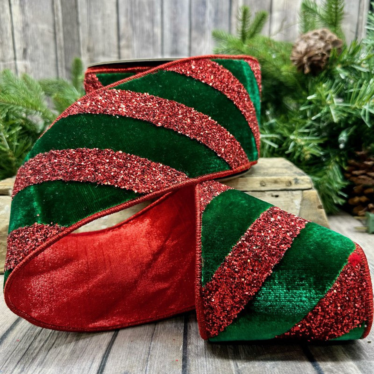 4" x 10yds velvet red glitter stripe, just emerald - Burlap and Bling Decor