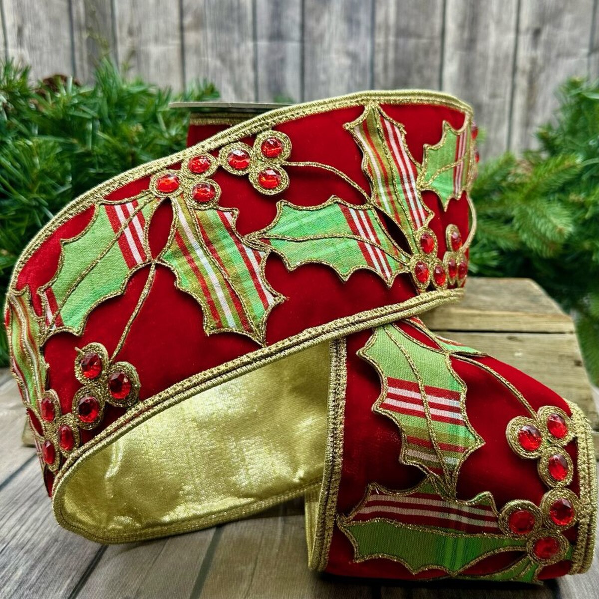 4” x 5yds velvet jewel north pole plaid holly, red - Burlap and Bling Decor