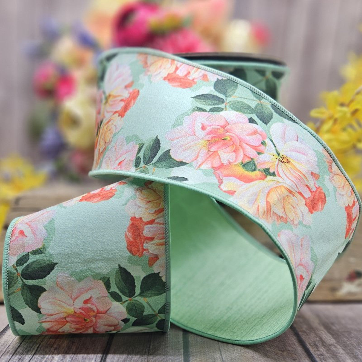 4" x 10yds dupion garden roses, peach green - Burlap and Bling Decor