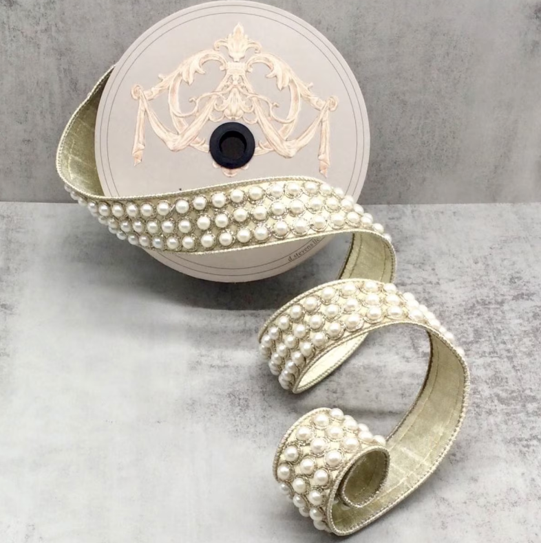 1.5" x 5yds metallic dupion pearls trim, platinum - Burlap and Bling Decor
