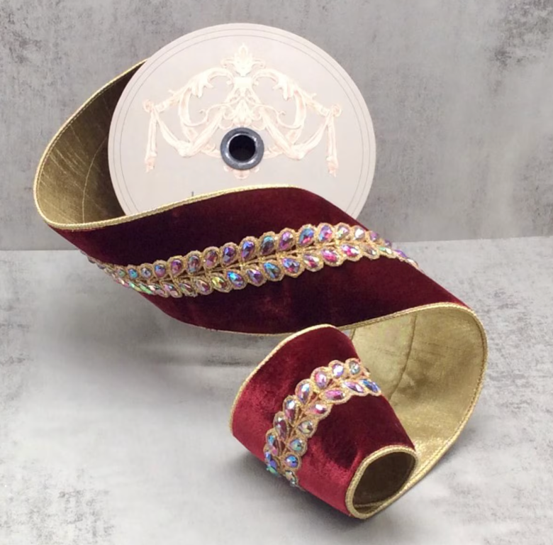 4" x 5yds velvet jewel aurora borealis honey locust leaves, burgundy - Burlap and Bling Decor