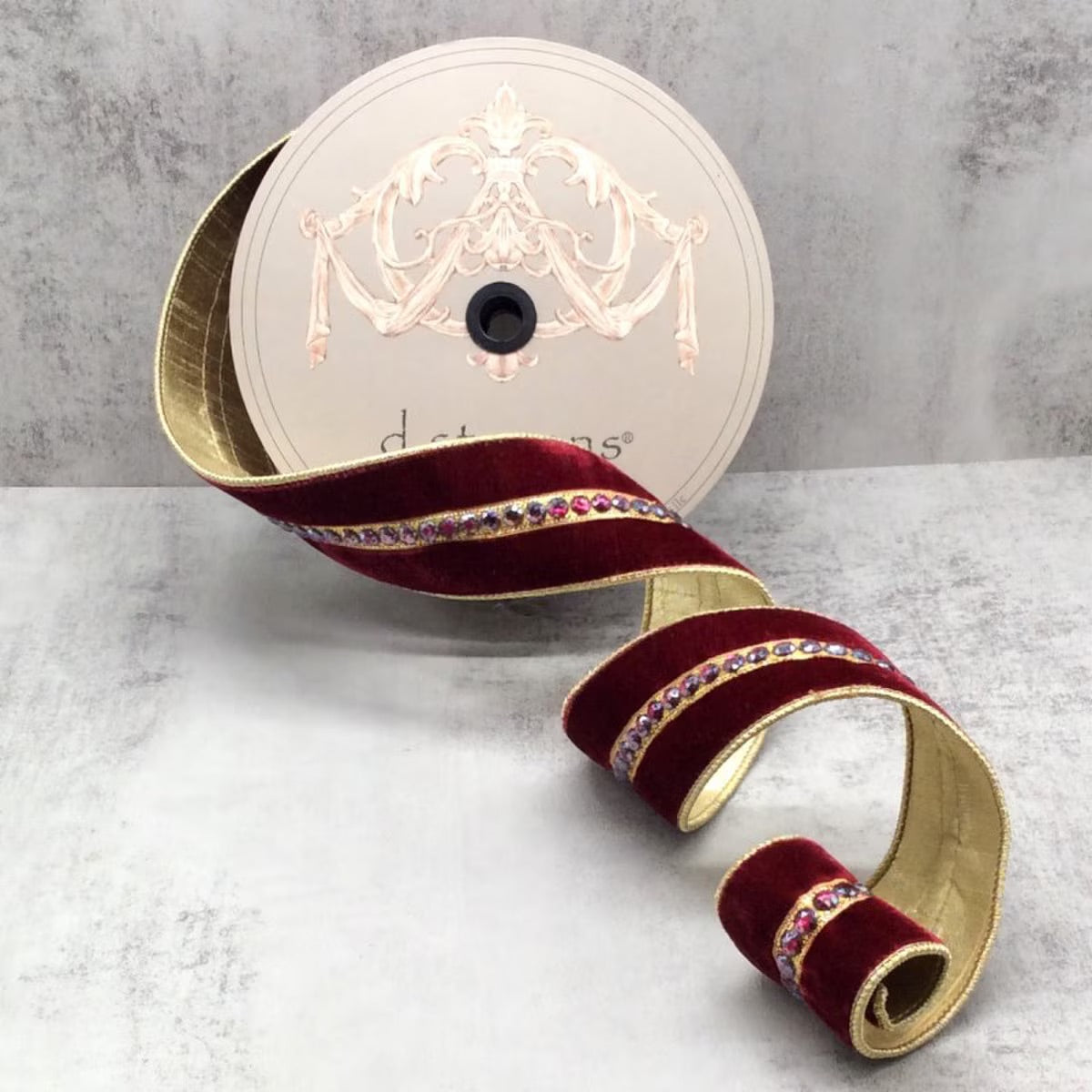 2.5“ x 10yds velvet matching jewel center trim gold back, burgundy Wired Ribbon - Burlap and Bling Decor