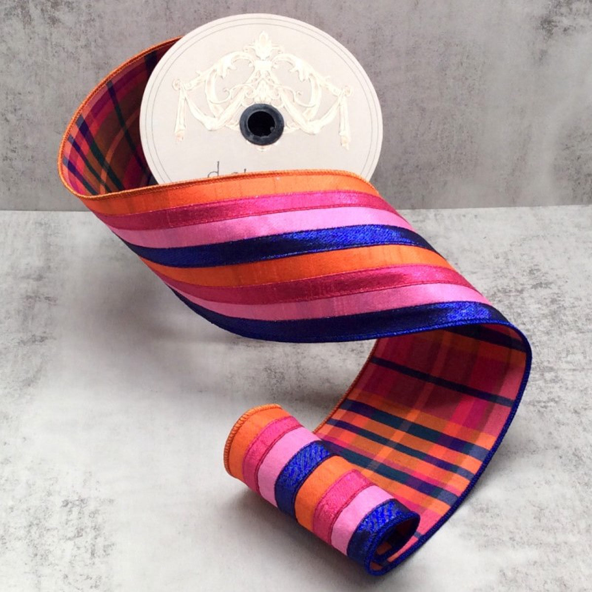 4" x 10yds metallic dupion stripe plaid back, orange blue pink - Burlap and Bling Decor