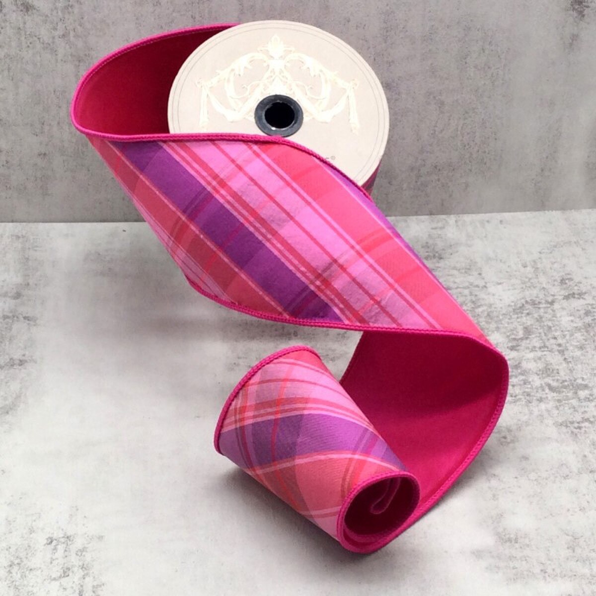 4” x 10yds dupion raspberry swirl diagonal plaid, pink purple - Burlap and Bling Decor