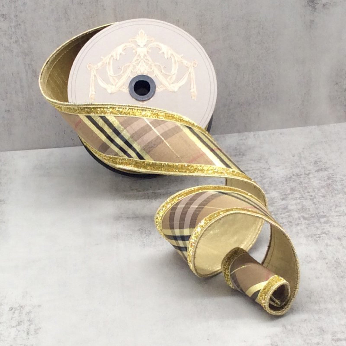 2.5” x 10yds dupion diagonal stripe plaid gold edge, brown gold black - Burlap and Bling Decor