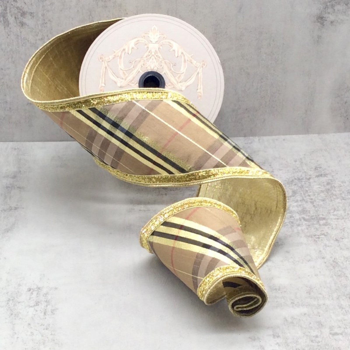 4" x 10yds dupion diagonal stripe plaid gold edge, brown gold black - Burlap and Bling Decor