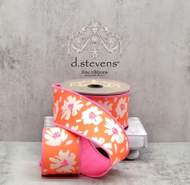 2.5" x 10yds dupion hand drawn abstract daisies, orange hot pink - Burlap and Bling Decor