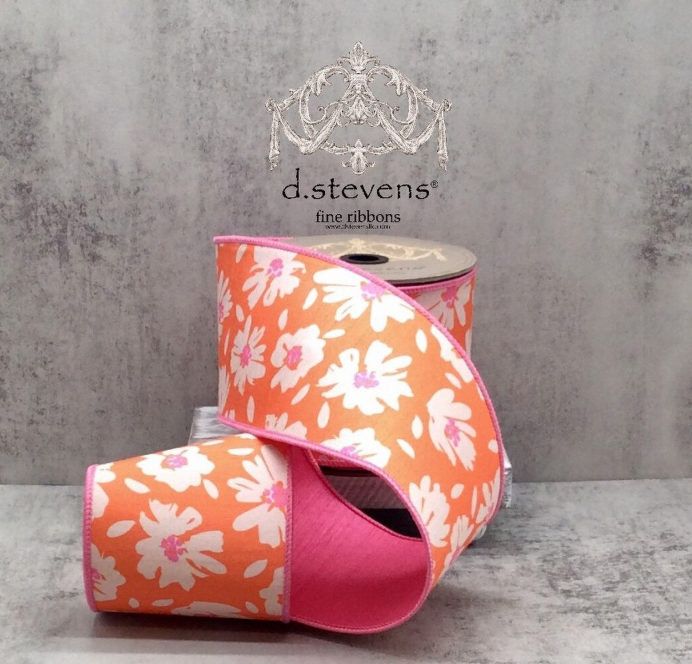 4" x 10yds dupion hand drawn abstract daisies, orange hot pink - Burlap and Bling Decor