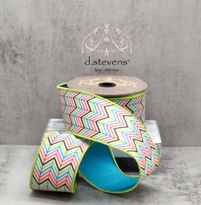 2.5" x 10yds dupion colorful chevron stripe pattern, pink orange teal lime - Burlap and Bling Decor