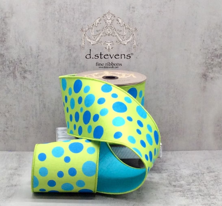 4" x 10yds dupion blue teal polka dots, lime green - Burlap and Bling Decor
