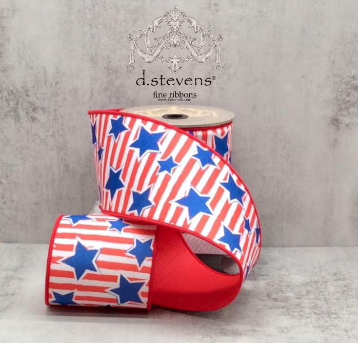 4" x 10yds dupion independence day stars and stripes, red white blue - Burlap and Bling Decor