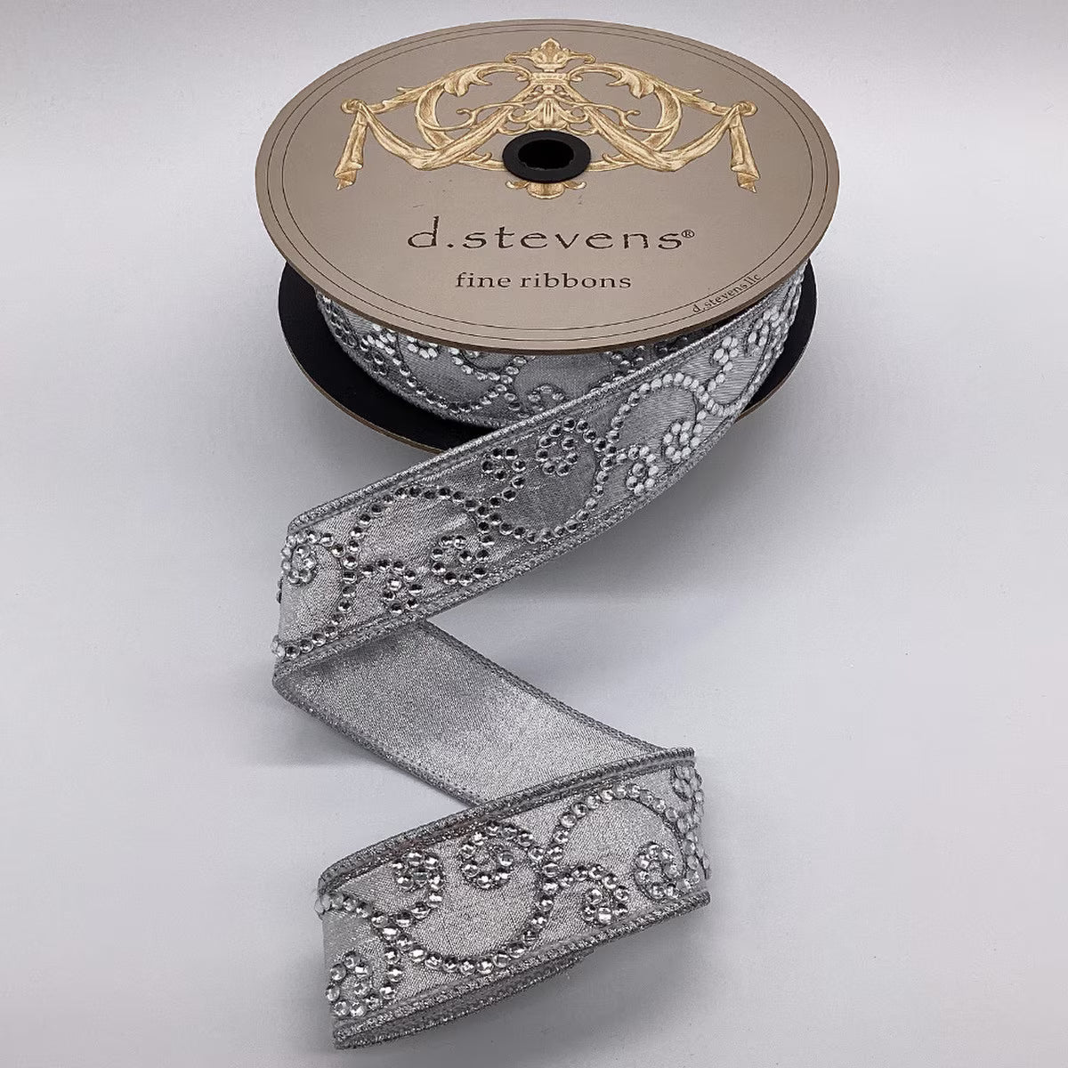 1.25" x 10yds metallic dupion clear scroll jewel trim, silver wired ribbon