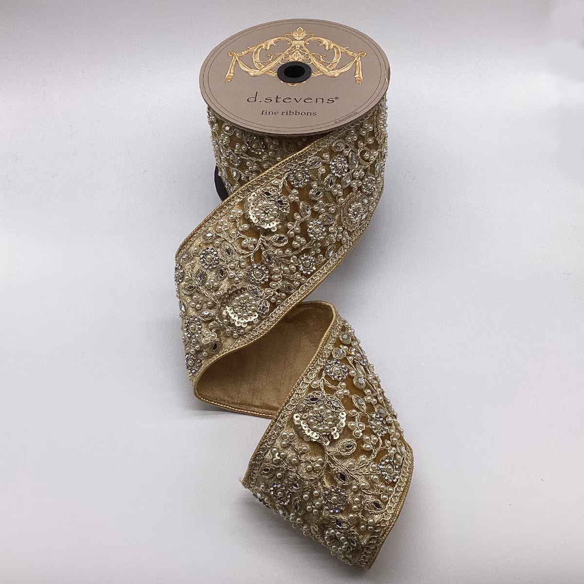 4" x 5yds ice velvet sequin pearl floral embroidery, gold - Burlap and Bling Decor