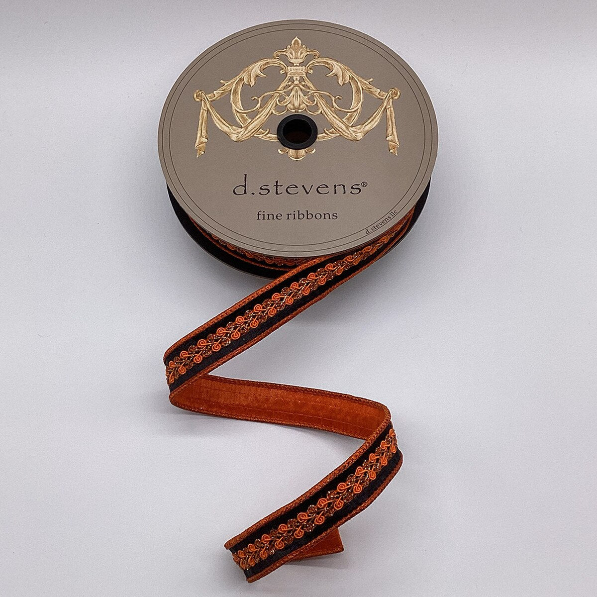 1” x 10yds metallic dupion orange copper
center trim, black - Burlap and Bling Decor