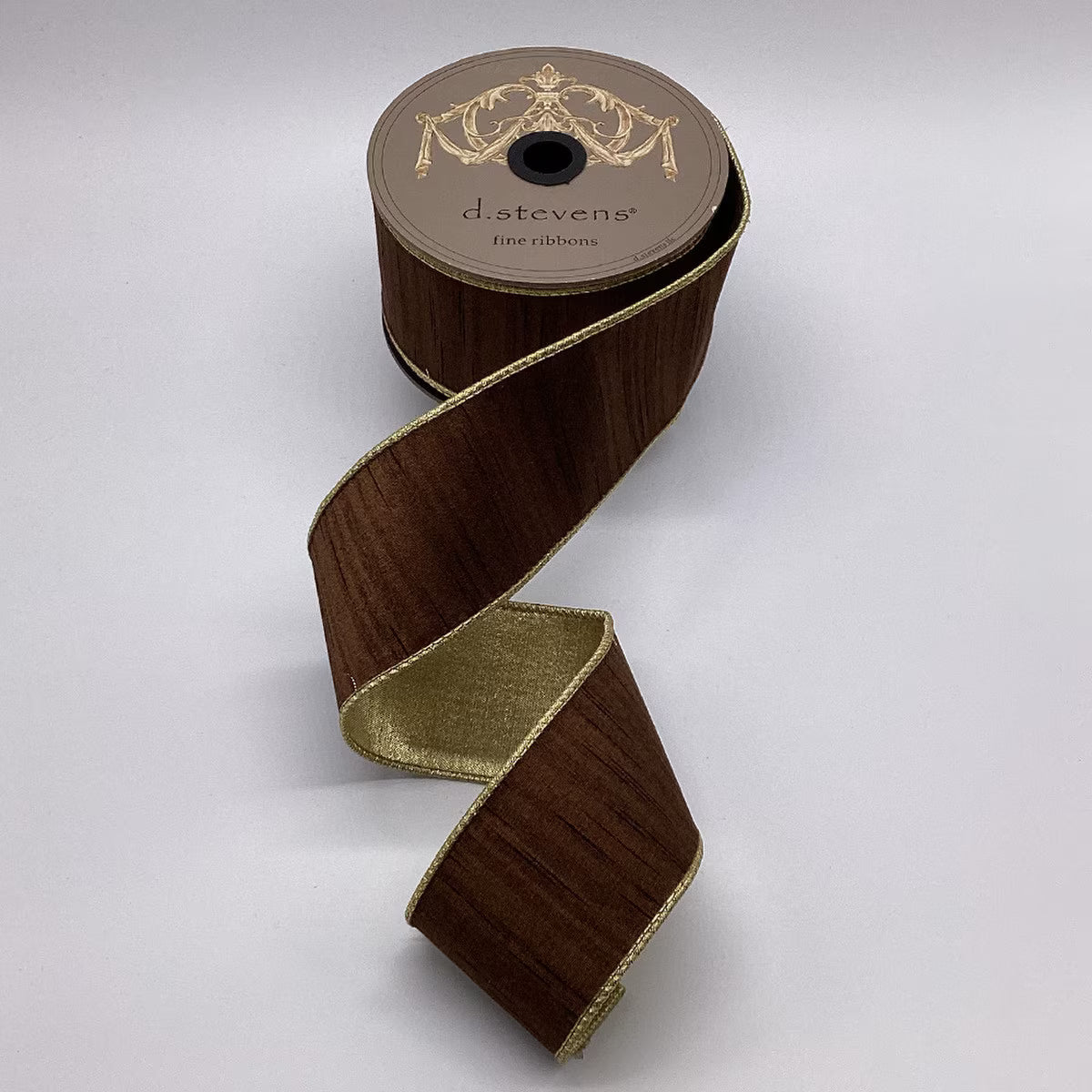 2.5” x 10yds slub dupion metallic gold back,
walnut - Burlap and Bling Decor