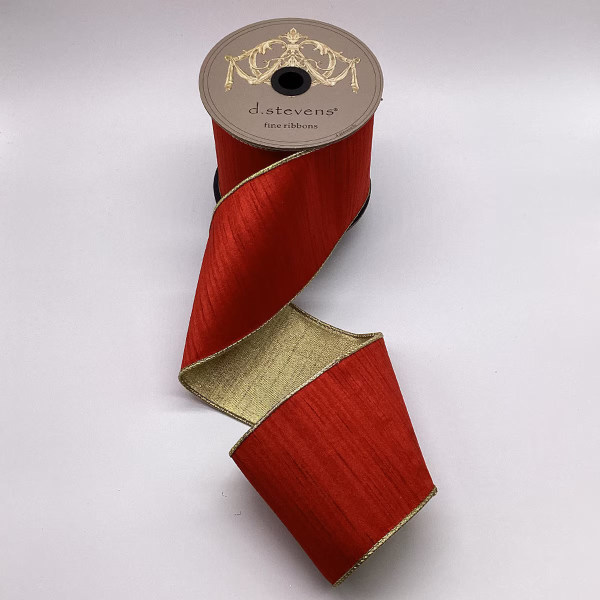 4" x 10yds slub dupion metallic gold back, true red