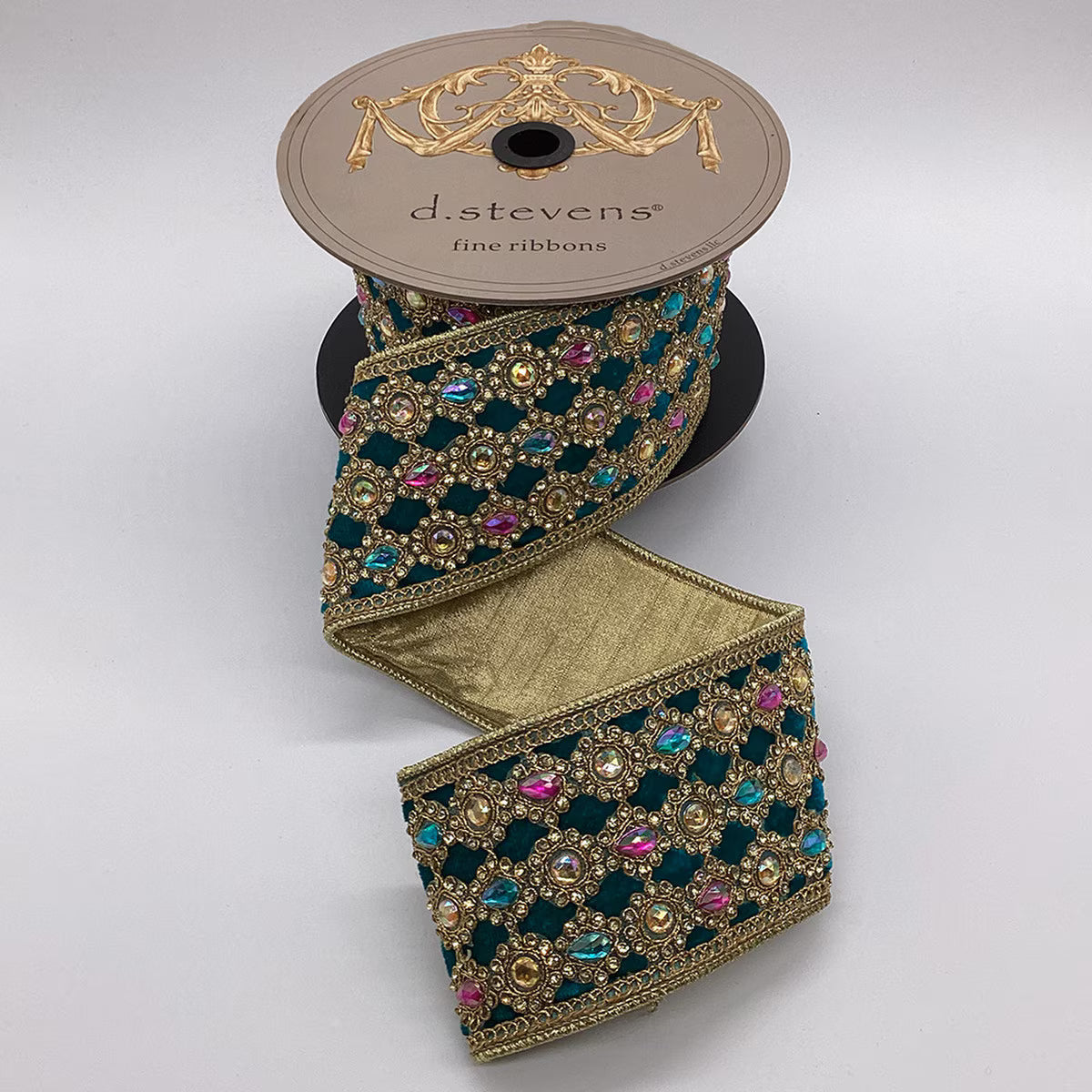 3” X 5YDS VELVET PINK AQUA CHAMPAGNE MARQUESS JEWEL TRIM, TEAL WIRED RIBBON - Burlap and Bling Decor