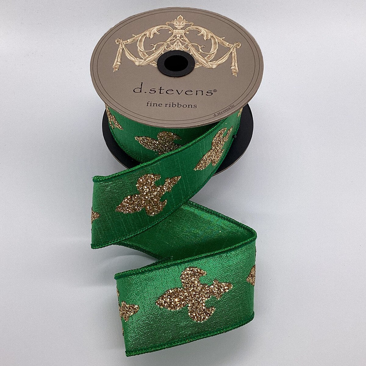 2.5“ X 10YDS METALLIC DUPION GOLD GLITTER FLEUR DE LIS, GREEN WIRED RIBBON - Burlap and Bling Decor