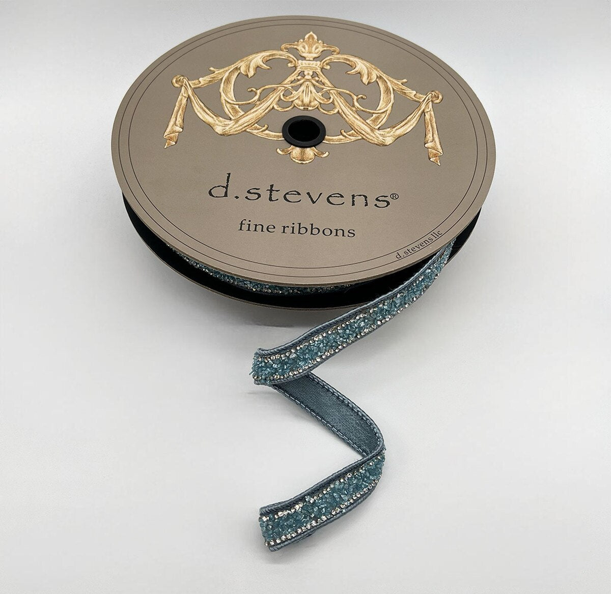 .5” X 10YDS POLY ROCK CANDY CRYSTAL SIDE TRIM, DUSTY BLUE WIRED RIBBON - Burlap and Bling Decor