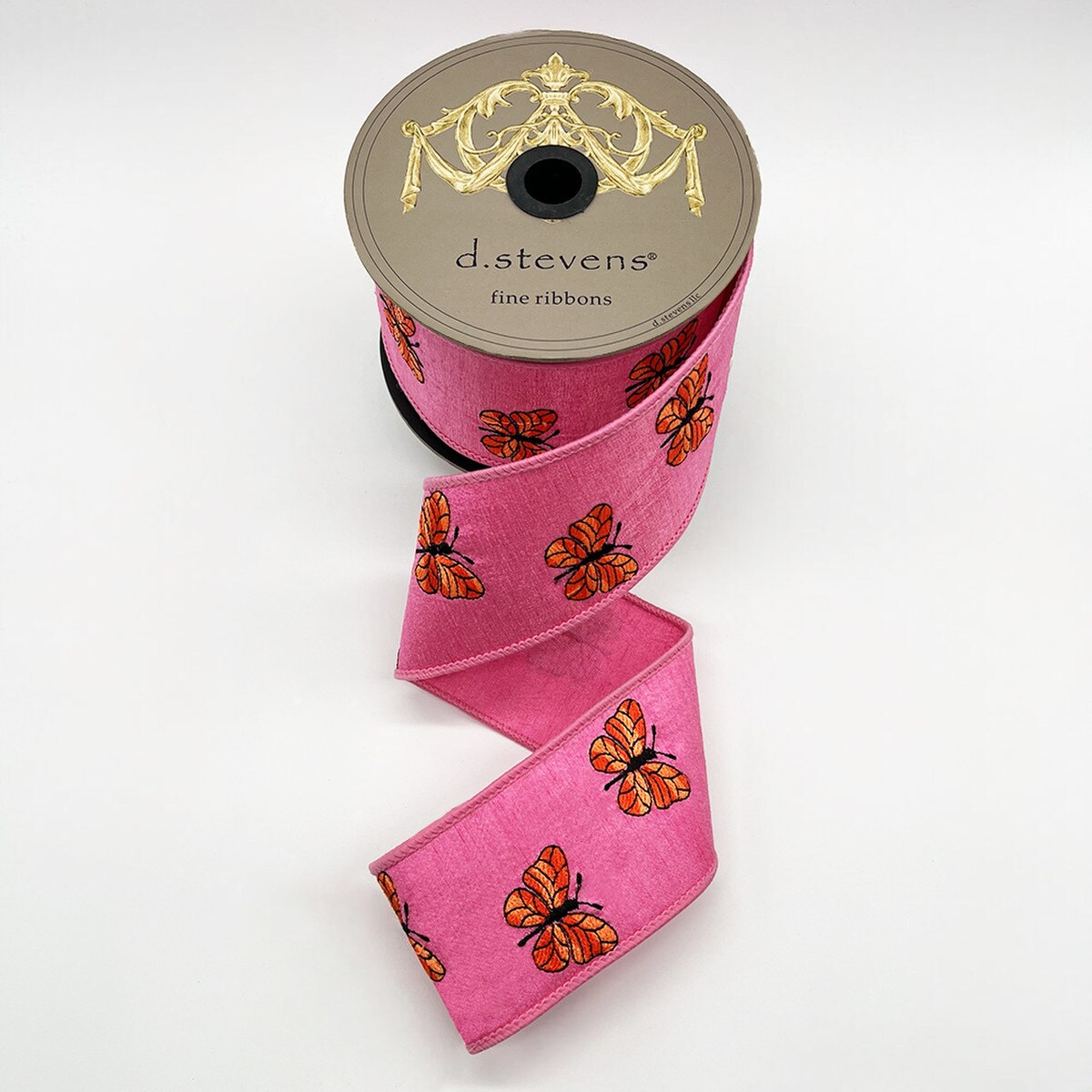 2.5“ X 10YDS DUPION EMBROIDERY TWO-TONE ORANGE BUTTERFLIES, HOT PINK WIRED RIBBON - Burlap and Bling Decor