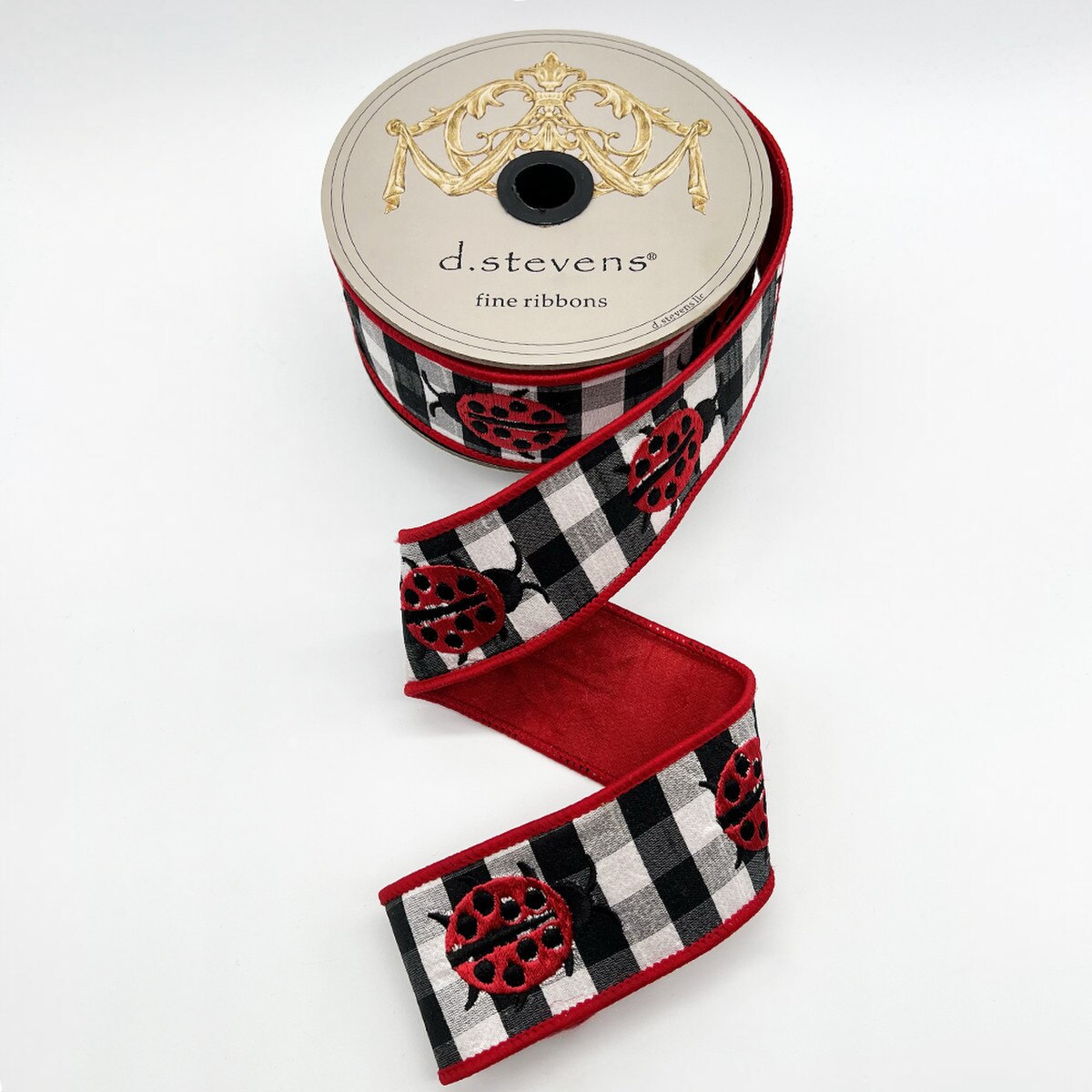 1.5” X 10YDS DUPION CHECK EMBROIDERY RED LADYBUGS, BLACK,WHITE WIRED RIBBON - Burlap and Bling Decor