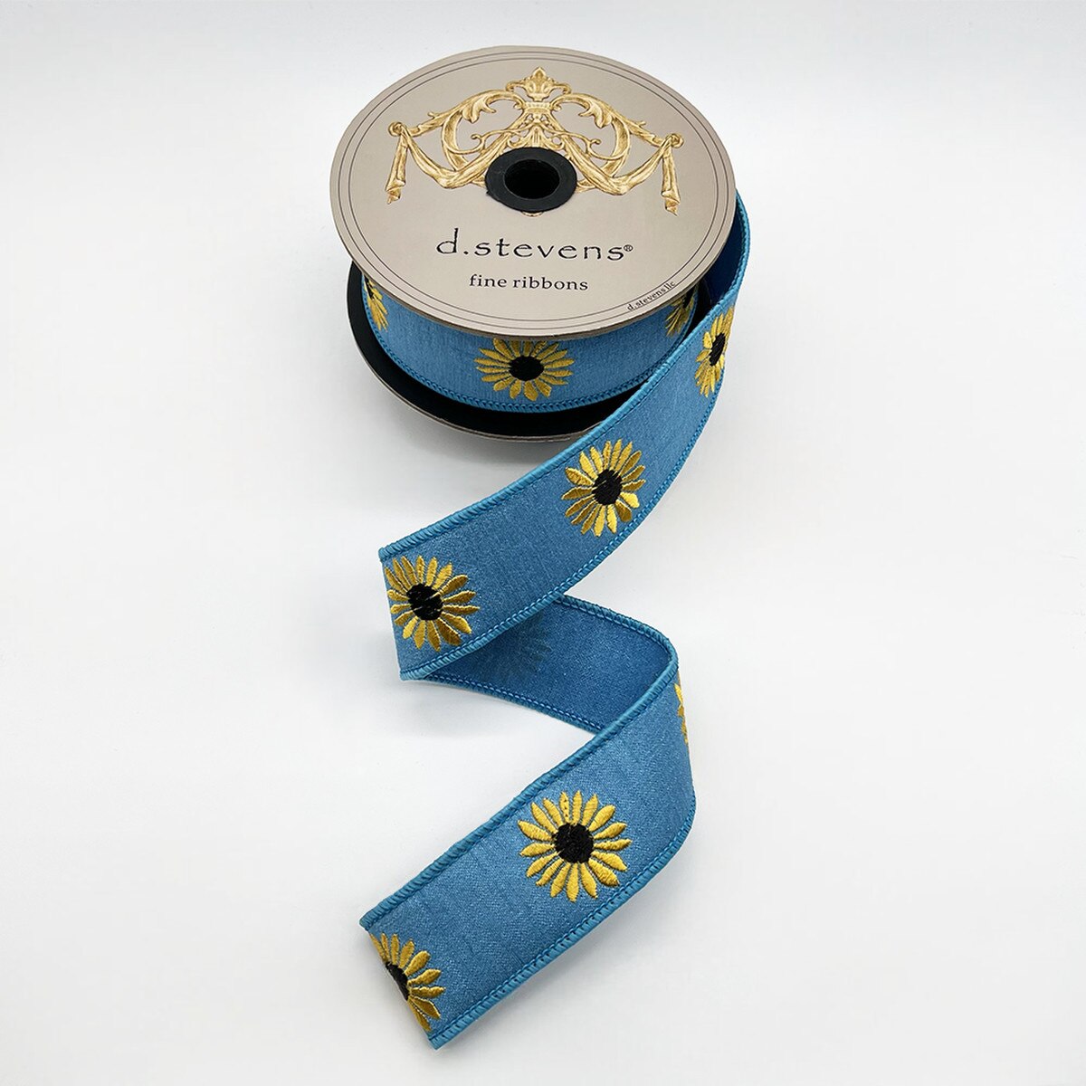1.5” X 10YDS DUPION EMBROIDERY YELLOW SUNFLOWERS, AZURE BLUE WIRED RIBBON - Burlap and Bling Decor