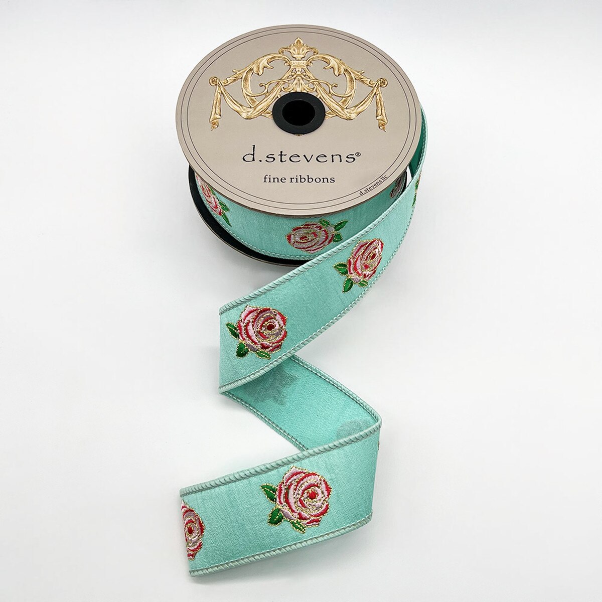 1.5” X 10YDS DUPION EMBROIDERY TWO-TONE ROSES, LIGHT TURQUOISE WIRED RIBBON - Burlap and Bling Decor