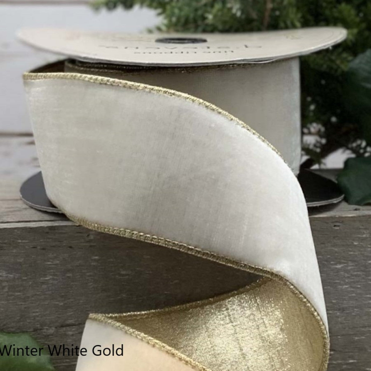 2.5" x 10yds lush velvet metallic light gold back, winter white - Burlap and Bling Decor