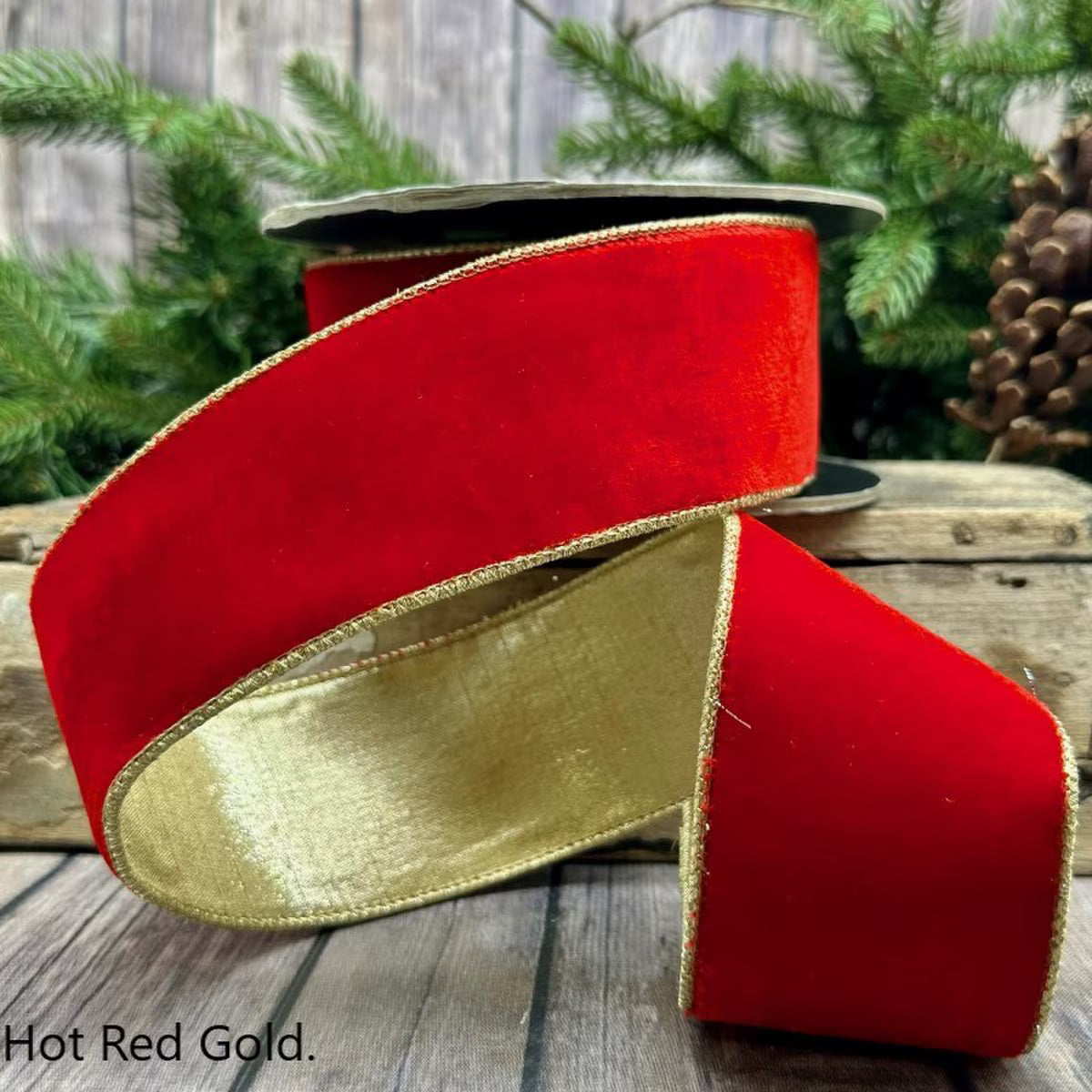2.5" x 10yds VP lush velvet metallic light gold back, hot red