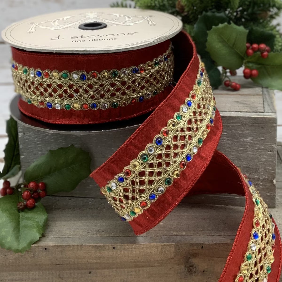 2.5” X 10YDS FAUX METALLIC DUPION, MULTICOLOR GOLD TRIM, RED WIRED RIBBON - Burlap and Bling Decor
