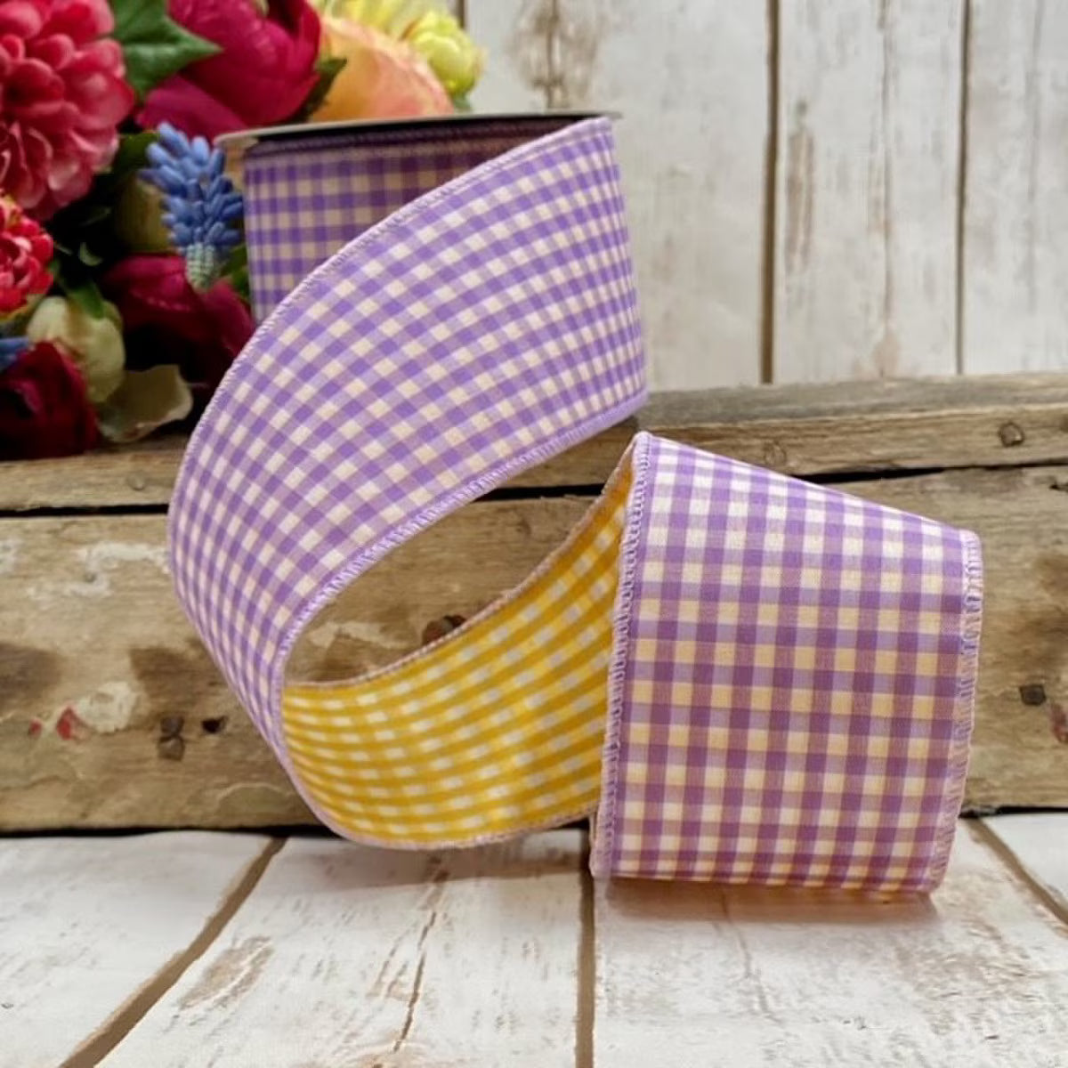 2.5” X 10YDS POPLIN GINGHAM, LAVENDER GOLDEN YELLOW WIRED RIBBON