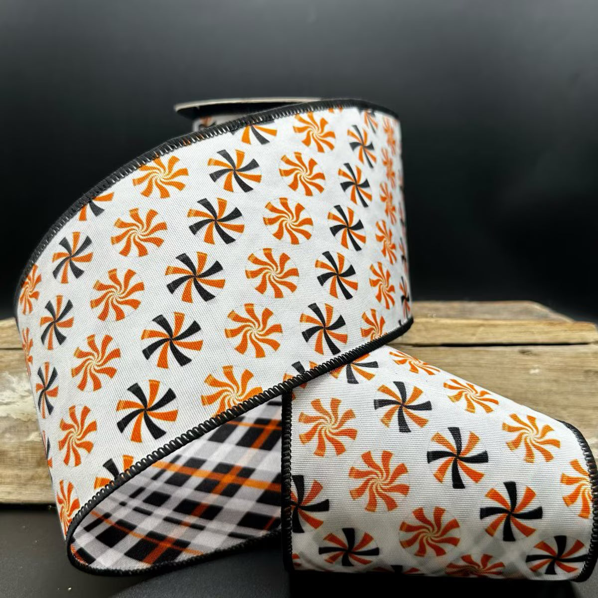 4“ X 10YDS GROSGRAIN HALLOWEEN CANDY PLAID BACKING, WHITE WIRED RIBBON - Burlap and Bling Decor
