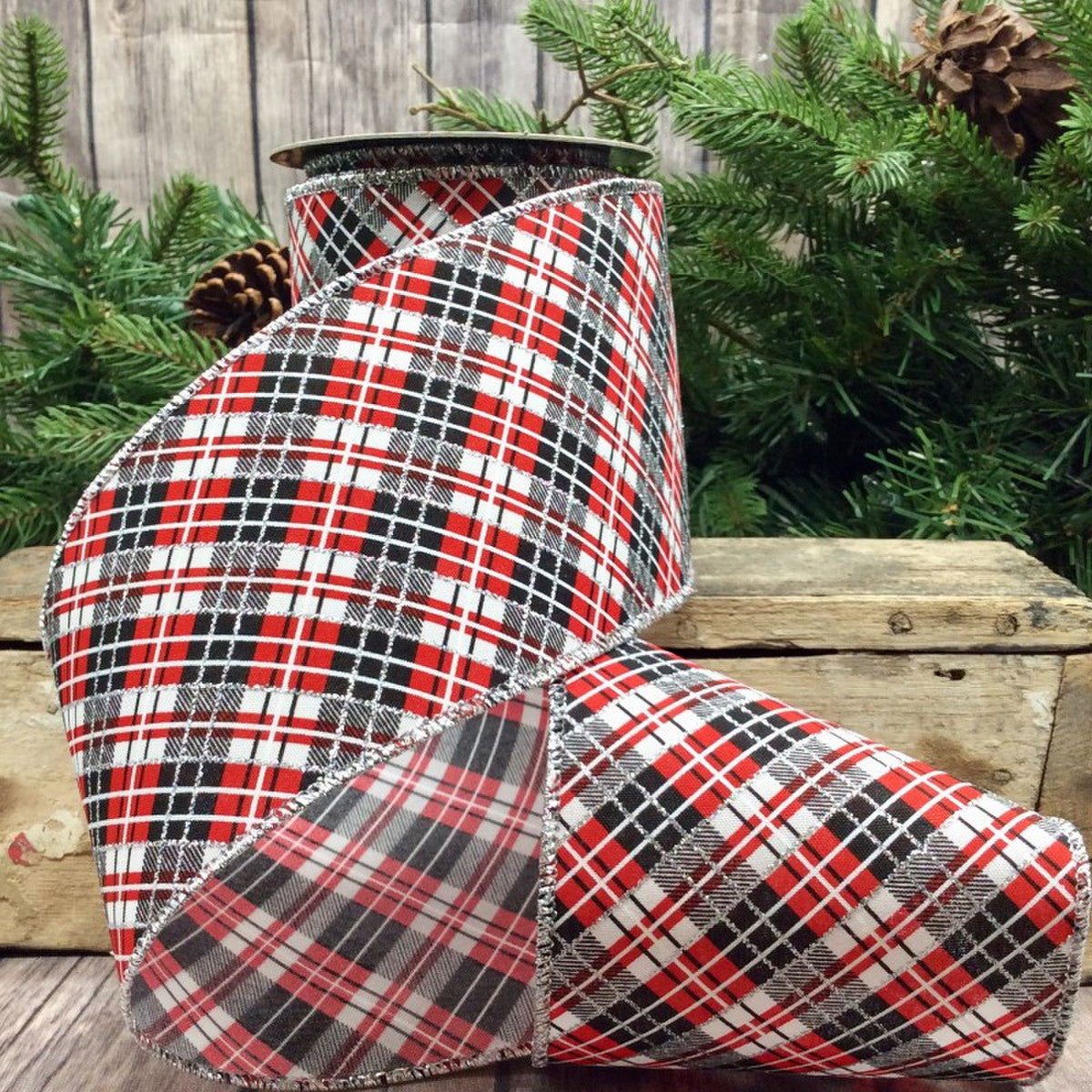 4" x 10yds linen silver glitter diagional plaid, red black white - Burlap and Bling Decor