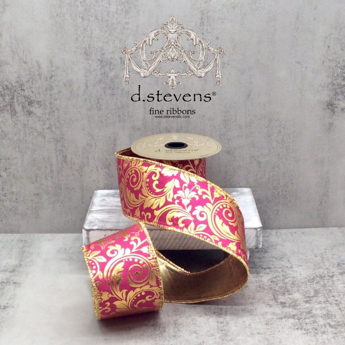 2.5" x 10yds taffeta gold foil acanthus leaf scroll gold back, fuchsia - Burlap and Bling Decor
