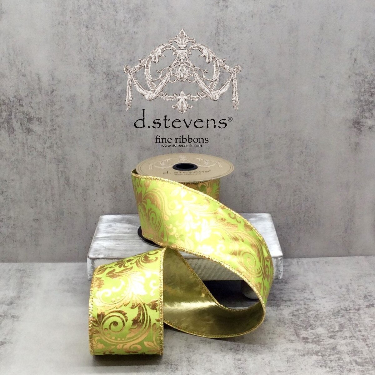 2.5" x 10yds taffeta gold foil acanthus leaf scroll gold back, apple green - Burlap and Bling Decor