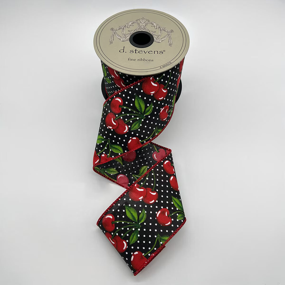 2.5” X 10YDS POPLIN CHERRIES POLKA DOT, BLACK RED WIRED RIBBON - Burlap and Bling Decor