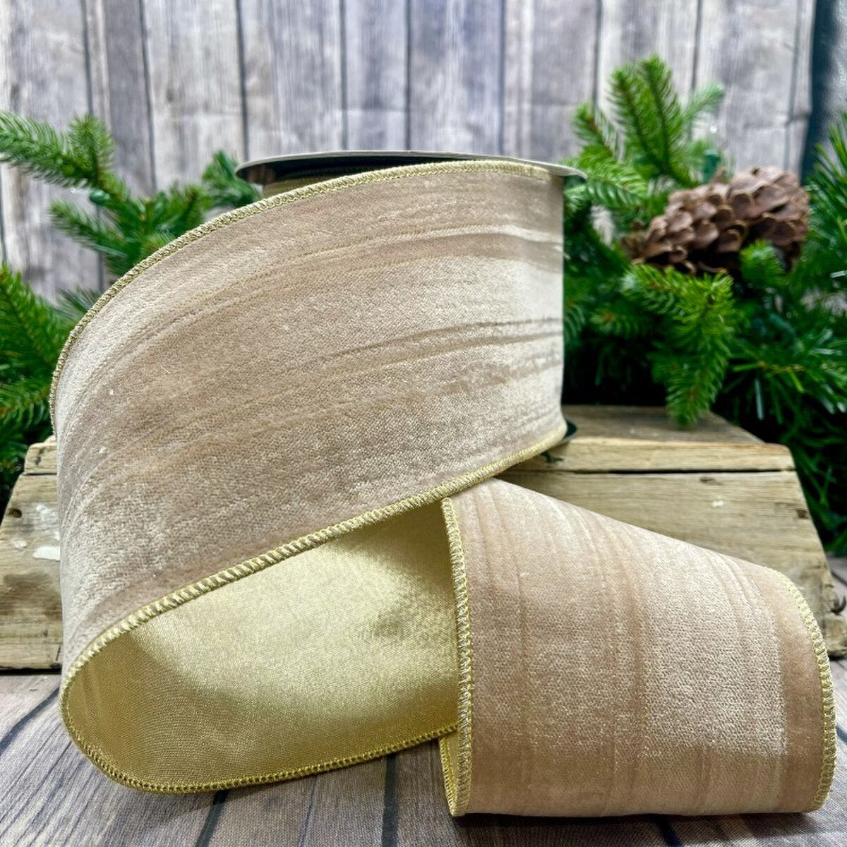 4" x 10yds velvet vintage chic gold back, almond