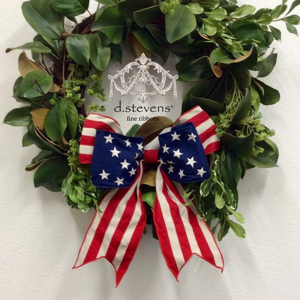 18” canvas navy blue stars red natural stripes tail bow, red blue - Burlap and Bling Decor