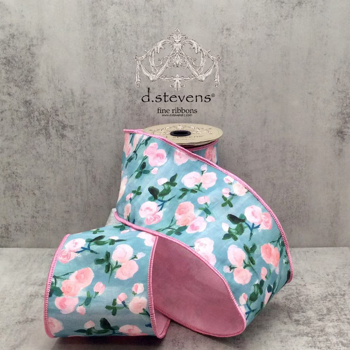 4“ x 10yds poplin pale pink watercolor roses dupion back, pink blue - Burlap and Bling Decor