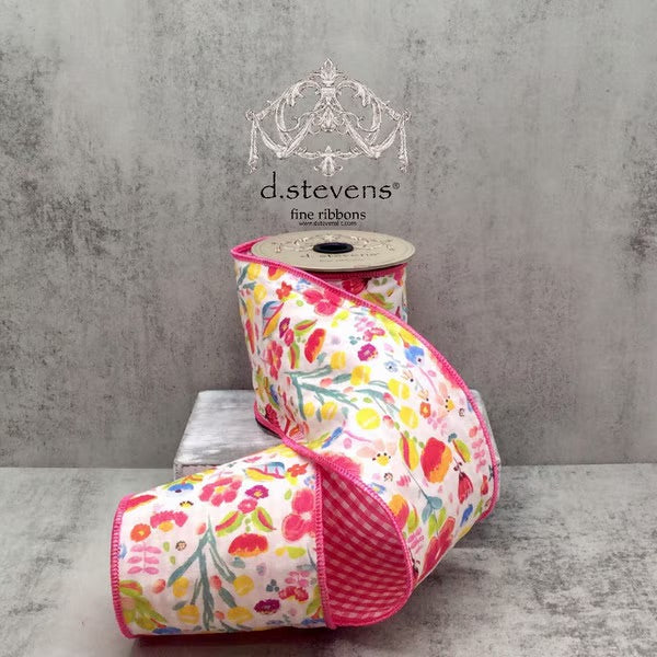 4” x 10yds poplin artistic floral check back, pink yellow blue - Burlap and Bling Decor