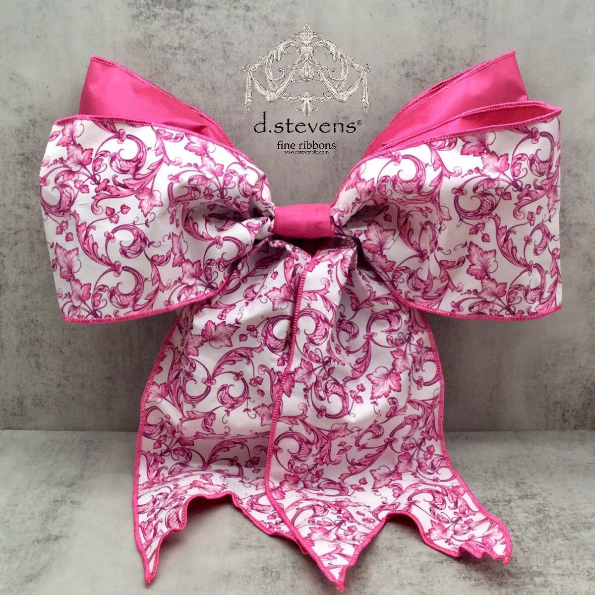 6" x 18" taffeta bow acanthus scroll chinoiserie, hot pink white - Burlap and Bling Decor