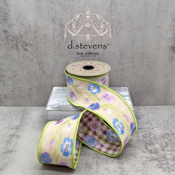 2.5” x 5 yds linen embroidery spring flowers, check b, lavender lime light blue - Burlap and Bling Decor