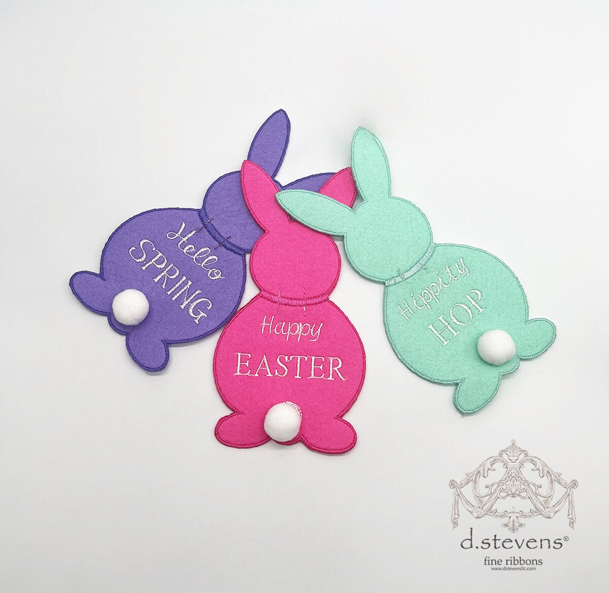 3” X 6.5“ FELT EMBROIDERY EASTER RABBIT CLIPS SET OF 3, PINK PURPLE AQUA - Burlap and Bling Decor