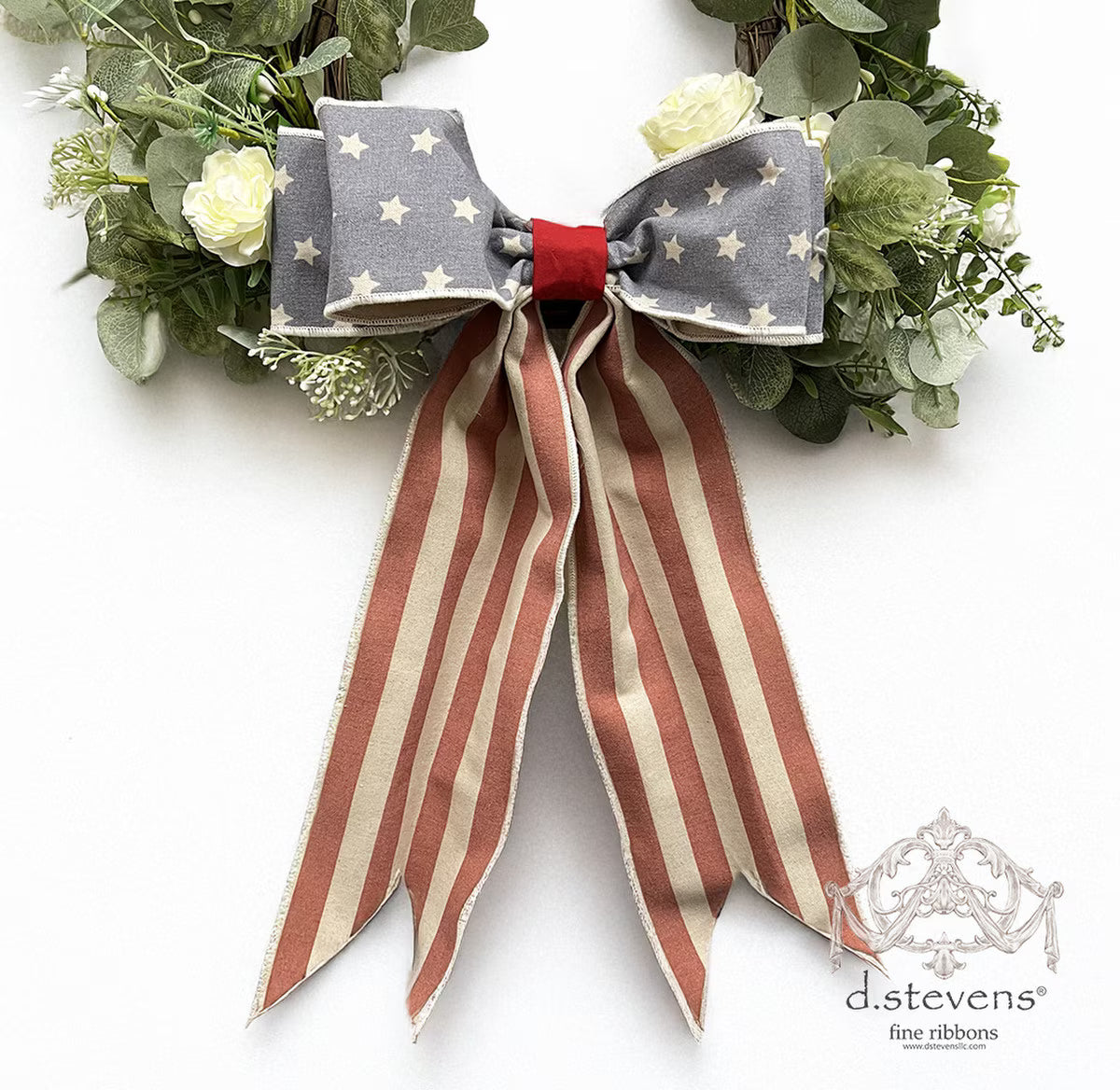 12“ LINEN AMERICANA STARS BOW STRIPE TAIL, RED NATURAL BLUE - Burlap and Bling Decor