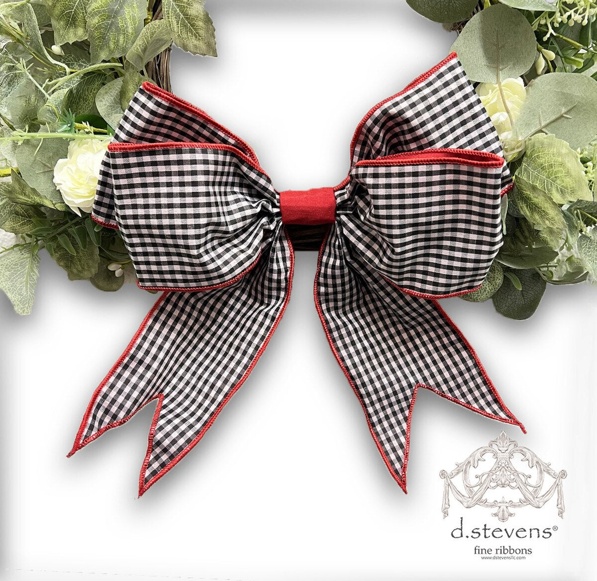 12” GINGHAM CHECK BOW RED ACCENTS, BLACK WHITE - Burlap and Bling Decor